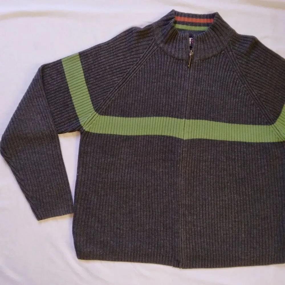 Arizona Jean Company Sweater Full Zip Gray Green Stripe Preppy Y2K Men's XL